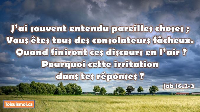 J’ai souvent entendu pareilles choses ; Vous êtes tous des consolateurs fâcheux. Quand finiront ces discours en l’air ? Pourquoi cette irritation dans tes réponses ?