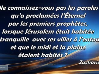 Ne connaissez-vous pas les paroles qu’a proclamées l’Éternel par les premiers prophètes, lorsque Jérusalem était habitée et tranquille avec ses villes à l’entour, et que le midi et la plaine étaient habités ? Zacharie 7.7