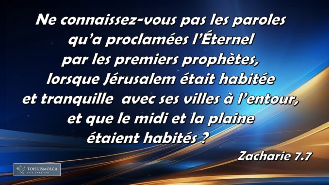 Ne connaissez-vous pas les paroles qu’a proclamées l’Éternel par les premiers prophètes, lorsque Jérusalem était habitée et tranquille avec ses villes à l’entour, et que le midi et la plaine étaient habités ? Zacharie 7.7