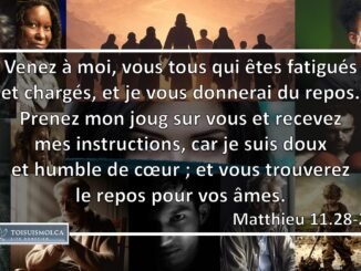 Venez à moi, vous tous qui êtes fatigués et chargés, et je vous donnerai du repos. Prenez mon joug sur vous et recevez mes instructions, car je suis doux et humble de cœur ; et vous trouverez du repos pour vos âmes.
